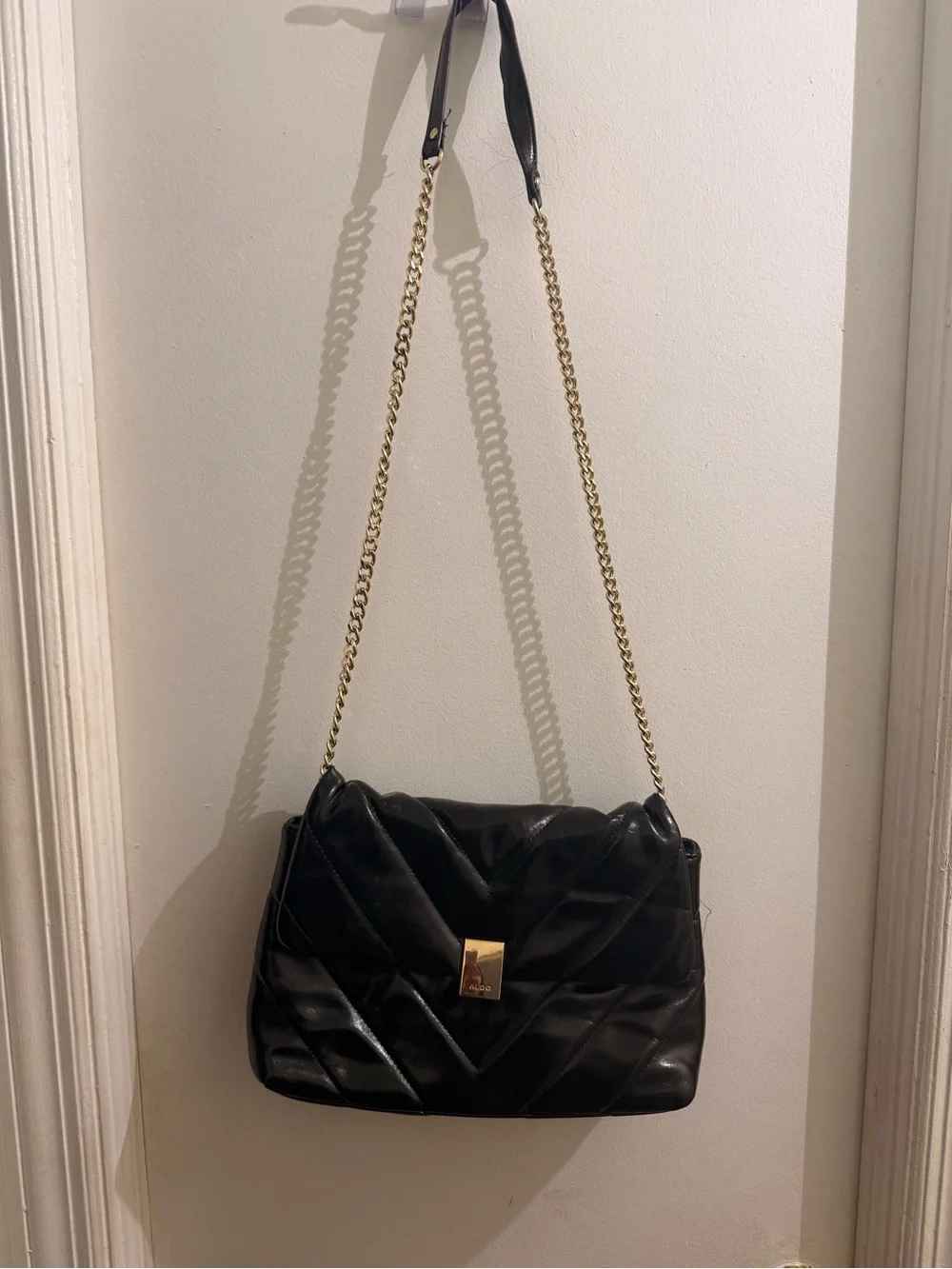Aldo Black Quilted Shoulder Bag with Gold Chain